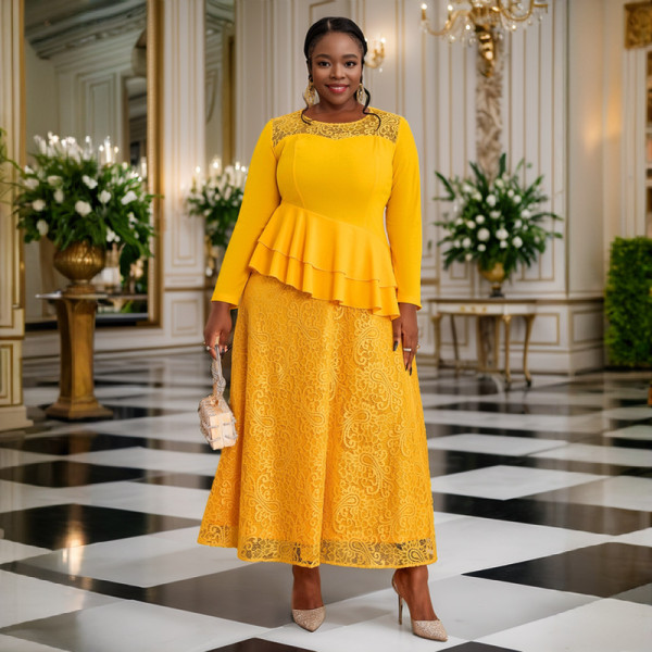 EVE Plus Size Long Sleeve Lace Patchwork Ruffle Midi Dress GKEN-040813