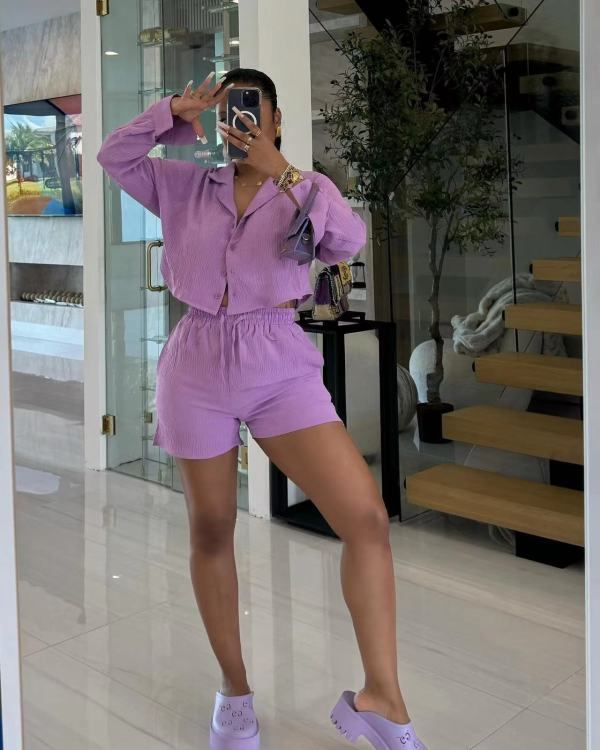 EVE Solid Color Long Sleeve Shorts 2 Piece Set OLYF-1652