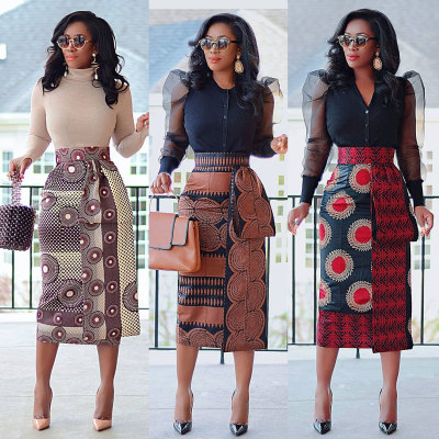 EVE Plus Size Print High Waist Split Long Skirt NY-10925