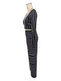 EVE Stripe Print Long Sleeve Tops Pants 2 Piece Set XHXF-8712