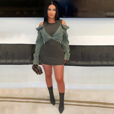 EVE Fashion Denim Patchwork Long Sleeve Mini Dress OD-8714