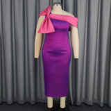 EVE Plus Size Slant Neck Bow High Waisted Midi Dress GKEN-040738