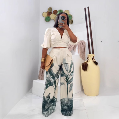 EVE Print V Neck Tops Wide Leg Pants Suit NY-10927