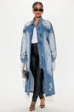 EVE Fashion Denim Cross Embroidery Long Trench Coat LX-6033