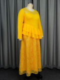 EVE Plus Size Long Sleeve Lace Patchwork Ruffle Midi Dress GKEN-040813