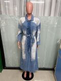 EVE Fashion Denim Cross Embroidery Long Trench Coat LX-6033