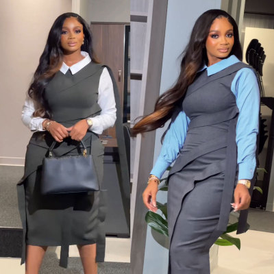 EVE Plus Size Contrast Color Fake Two-piece Midi Dress NY-10928