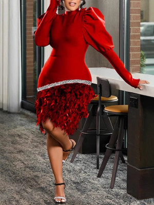 EVE Plus Size Lantern Long Sleeve Skinny Feather Midi Dress LS-0412