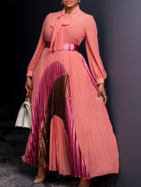 EVE Plus Size Tie Up Press Pleated Color Block Maxi Dress GATE-547