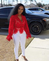 EVE Hollow Out Solid Color Flare Sleeve Tops NIK-1149