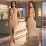 EVE Hot Drill Hang Neck Backless Midi Dress GFYX-7095