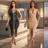 EVE Hot Drill Hang Neck Backless Midi Dress GFYX-7095