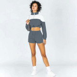 EVE Color Block Drawstring Sweatshirt Shorts Casual Two Piece Set YMZY-0022