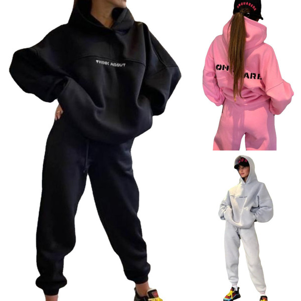 EVE Letter Print Long Sleeve Hooded Casual Pants Suit YMZY-19873