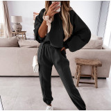 EVE Solid Color Sport Hooded Sweatshirt Pants Suit YMZY-0197