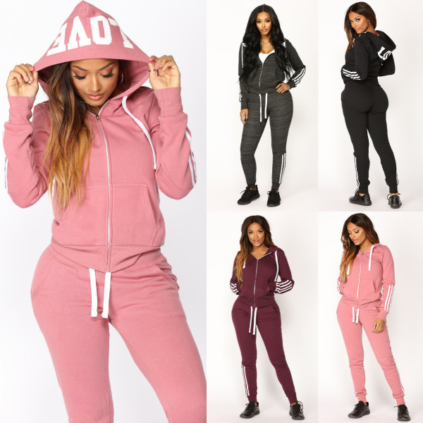 EVE Letter Print Hooded Long Sleeve Sweatshirt Pants Suit YMZY-021