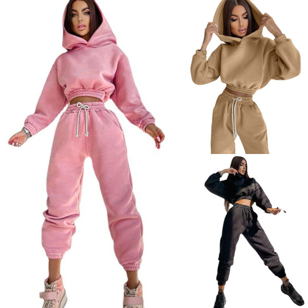 EVE Solid Color Long Sleev Hooded Drawstring Pants Suit YMZY-6509