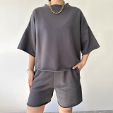 EVE Solid Color Half Sleeve Loose Two Piece Shorts Set YMZY-11829