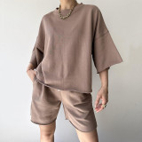 EVE Solid Color Half Sleeve Loose Two Piece Shorts Set YMZY-11829