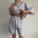 EVE Solid Color Half Sleeve Loose Two Piece Shorts Set YMZY-11829