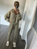 EVE Solid Long Sleeve Zipper Hoodies Two Piece Pants Set YMZY-904