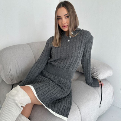 EVE Long Sleeve Knit Button Sweater Skirt Two Piece Set YMZY-7526