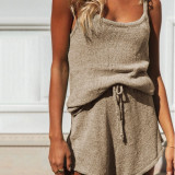 EVE Solid Color Sling Sweater Two Piece Shorts Set YMZY-1025