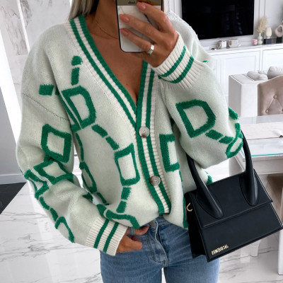 EVE Long Sleeve V Neck Knits Print Coat YMZY-509