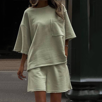EVE Solid Color Loose Sport Two Piece Short Set YMZY-834
