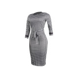 EVE Black White Print 3/4 Sleeve Split Midi Dress SFY-2370