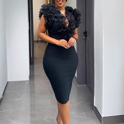 EVE Plus Size V-neck Mesh Patchwork Bodycon Dress NY-10935