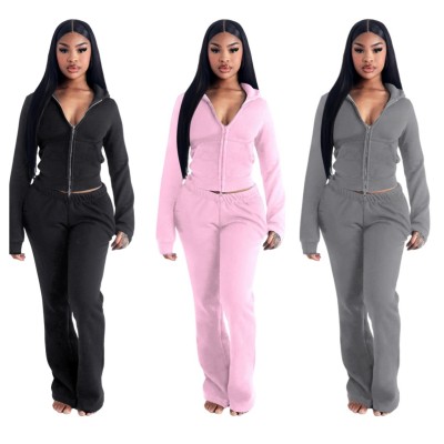 EVE V Neck Zipper Hooded Two Piece Pants Set YD-8819