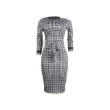 EVE Black White Print 3/4 Sleeve Split Midi Dress SFY-2370