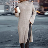 EVE High Collar Sweater Solid Split Midi Dress GDAM-7201