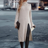 EVE High Collar Sweater Solid Split Midi Dress GDAM-7201