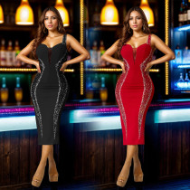 EVE Sexy Sling Hot Drill Splicing Midi Dress GFYX-7070