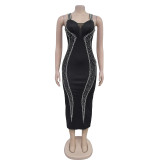 EVE Sexy Sling Hot Drill Splicing Midi Dress GFYX-7070