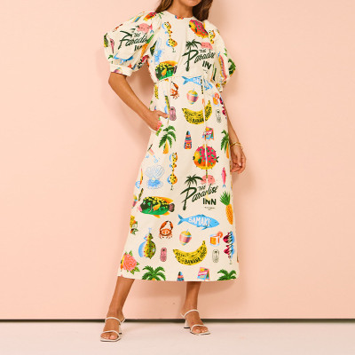 EVE Plus Size Printed Bubble Sleeve Split Lace-Up Midi Dress GHHE-28067