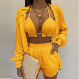 EVE Plus Size Long Sleeve Print Shorts Three Piece Set GHHE-9068
