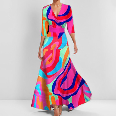 EVE Plus Size Casual Print V Neck Big Swing Maxi Dress GHHE-28751