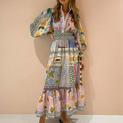 EVE Plus Size Painted Print Lantern Long Sleeve Maxi Dress GHHE-24540