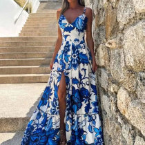 EVE Plus Size Print V Neck Sling Patchwork Split Maxi Dress GHHE-25041