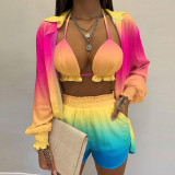 EVE Plus Size Long Sleeve Print Shorts Three Piece Set GHHE-9068