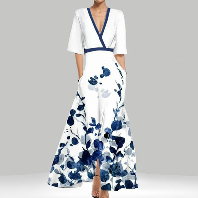 EVE Plus Size V Neck Print Half Sleeve Maxi Dress GHHE-28480