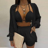 EVE Plus Size Long Sleeve Print Shorts Three Piece Set GHHE-9068