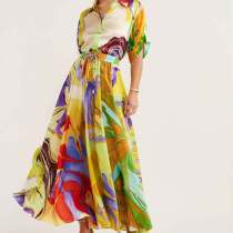 EVE Plus Size Print Shirt Pleated Long Skirt 2 Piece Set GHHE-24679