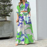 EVE Plus Size V-Neck Lantern Sleeve Crop Top Wide Leg Pants Set GHHE-86478