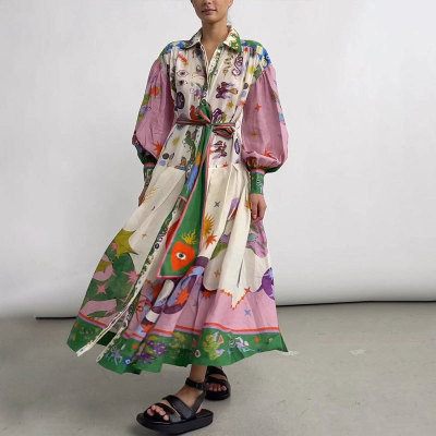 EVE Plus Size Lantern Sleeve Printed Lapel Long Dress GHHE-24761