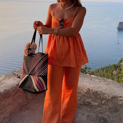 EVE Plus Size Solid Color Loose Sling Two Piece Pants Suit GHHE-28635