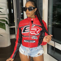 EVE Zipper Contrast Color Embroidery Short Jacket XEF-56529